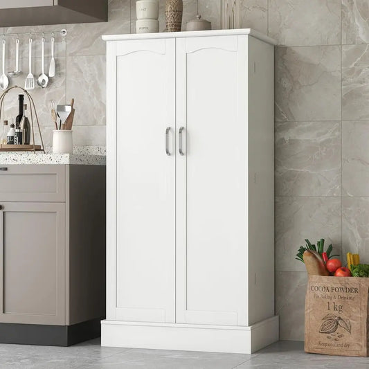 White Freestanding Kitchen Pantry Cabinet with Doors and Adjustable Shelves