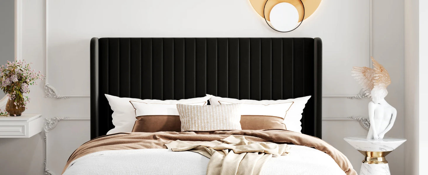 HOOMIC Velvet Upholstered Bed Frame, Vertical Channel Tufted Wingback Headboard, Wooden Slats Support Allewie