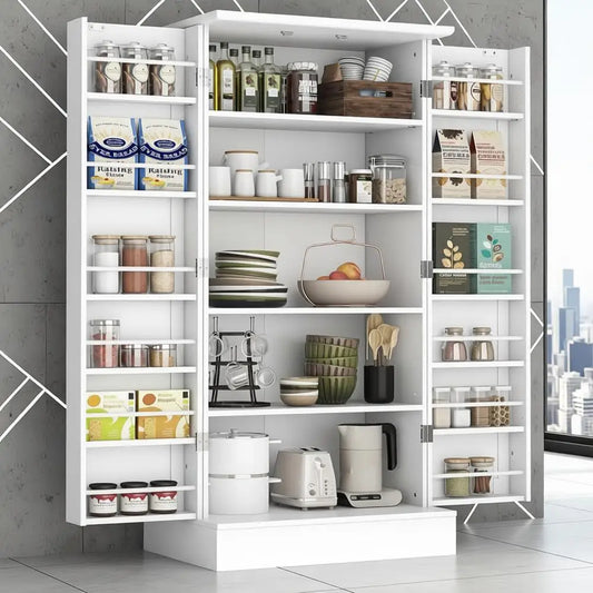 White Freestanding Kitchen Pantry Cabinet with Doors and Adjustable Shelves
