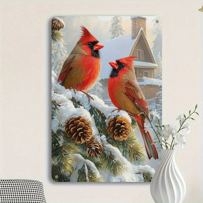 Retro American Winter Cardinals and Evergreen Tree Metal Wall Decoration