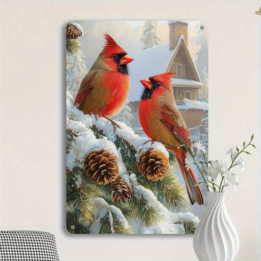 Retro American Winter Cardinals and Evergreen Tree Metal Wall Decoration