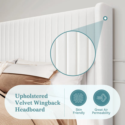 HOOMIC Velvet Upholstered Bed Frame, Vertical Channel Tufted Wingback Headboard, Wooden Slats Support Allewie