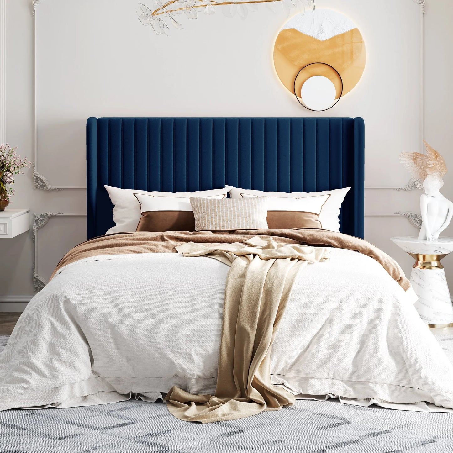 HOOMIC Velvet Upholstered Bed Frame, Vertical Channel Tufted Wingback Headboard, Wooden Slats Support Allewie