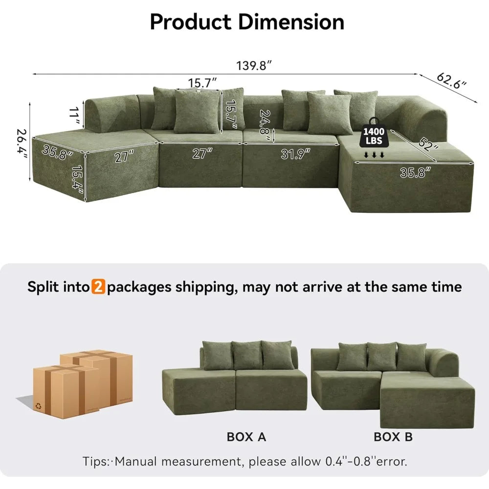 140''Oversized Curved Sectional, Boneless Couch with L-Shape Chaise