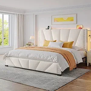 Velvet Headboard, LED Lights on King Size Bed with Charging Station