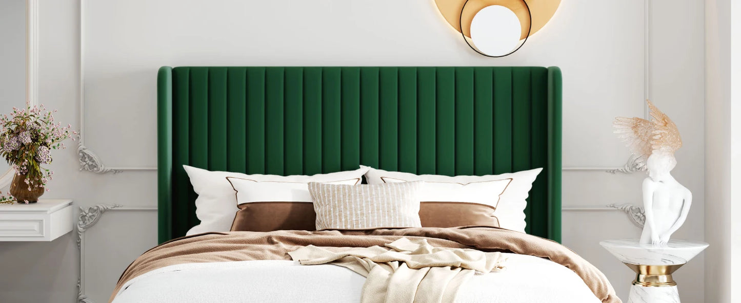 HOOMIC Velvet Upholstered Bed Frame, Vertical Channel Tufted Wingback Headboard, Wooden Slats Support Allewie