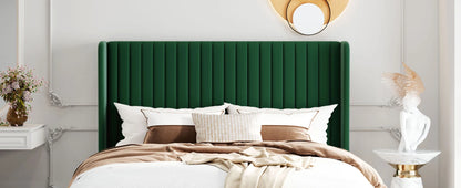 HOOMIC Velvet Upholstered Bed Frame, Vertical Channel Tufted Wingback Headboard, Wooden Slats Support Allewie