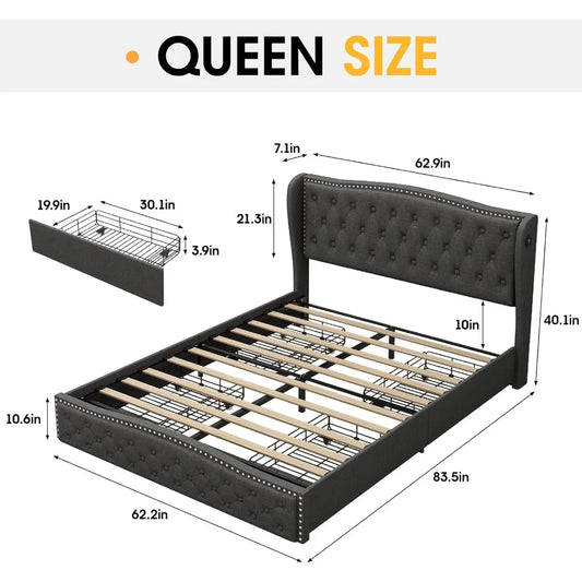 queen size upholstered led bed frame with storage drawers and charging station, wingback headboard platform bed