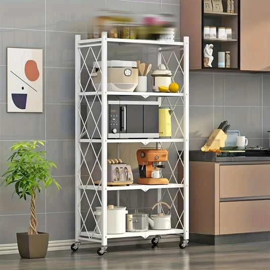 Heavy-Duty Iron Storage Shelf with Rolling Shelves Foldable