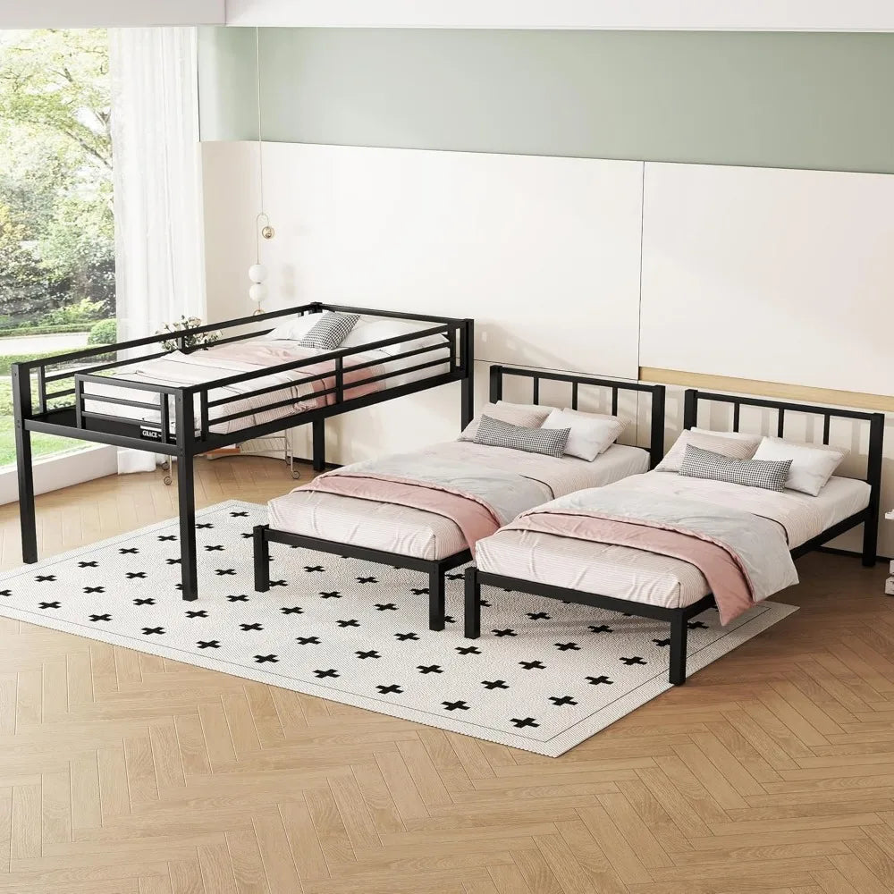 Twin Size Triple Bunk Beds, Heavy Duty Metal Frame with Safety Fence