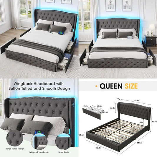 queen size upholstered led bed frame with storage drawers and charging station, wingback headboard platform bed