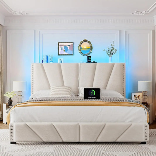 Velvet Headboard, LED Lights on King Size Bed with Charging Station